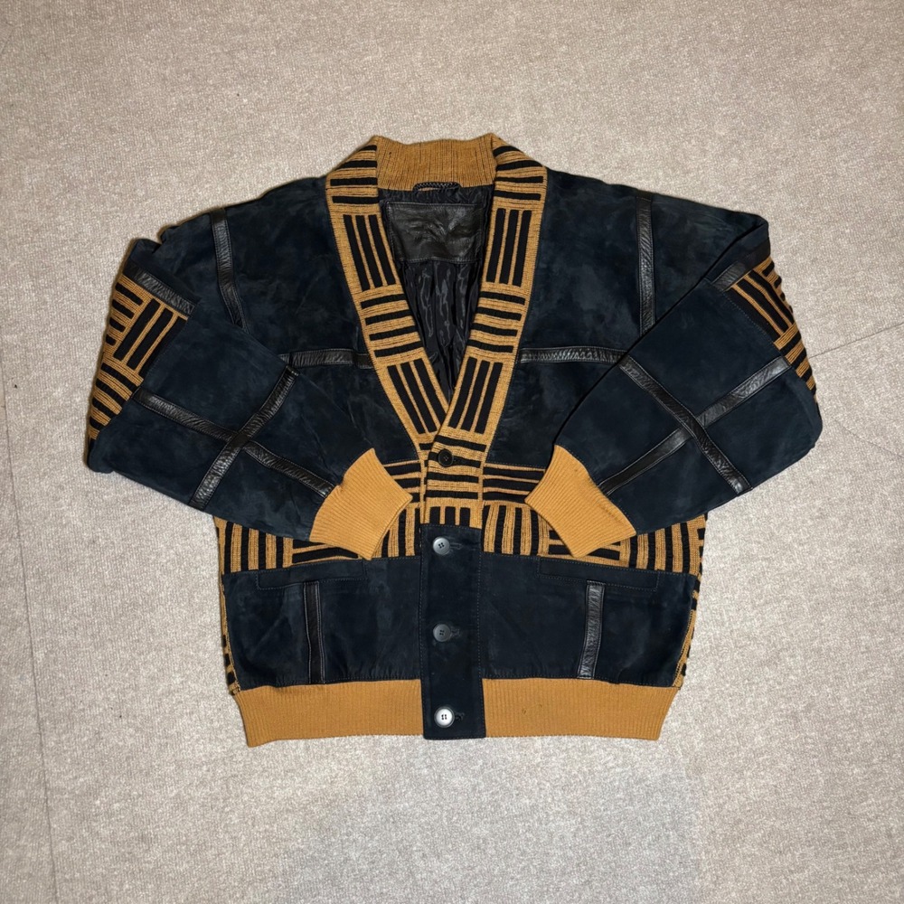 Torras Spain Vintage Suede Leather Knit Bomber Jacket Navy Tan Geometric L